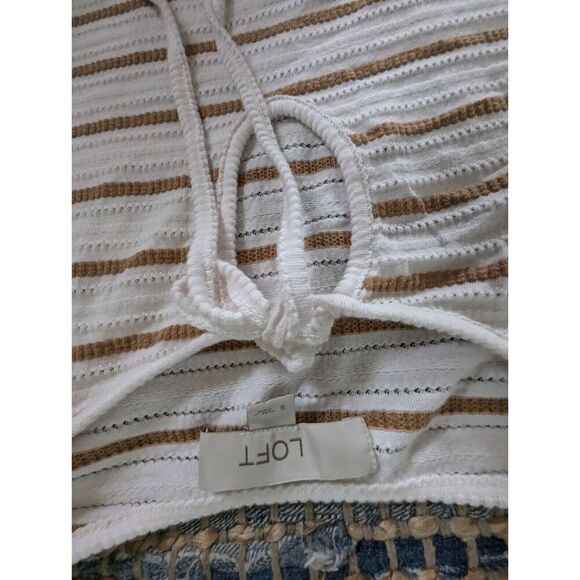 Striped Jacquard Tie Keyhole Ruched Sleeve Top Whisper White Golden Brown Quiet - Picture 3 of 7